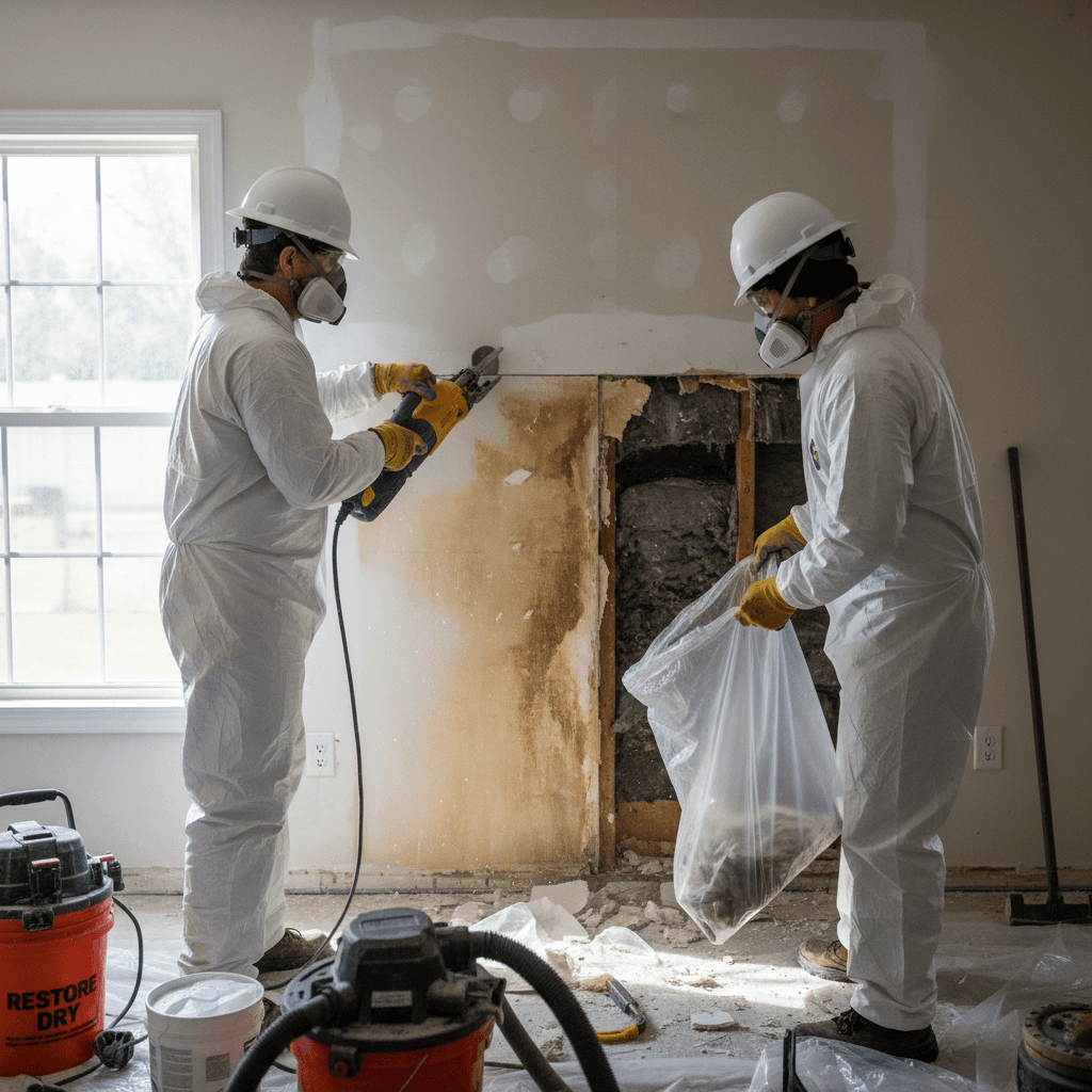 Workers in protective gear performing selective demolition of water-damaged drywall in a home.