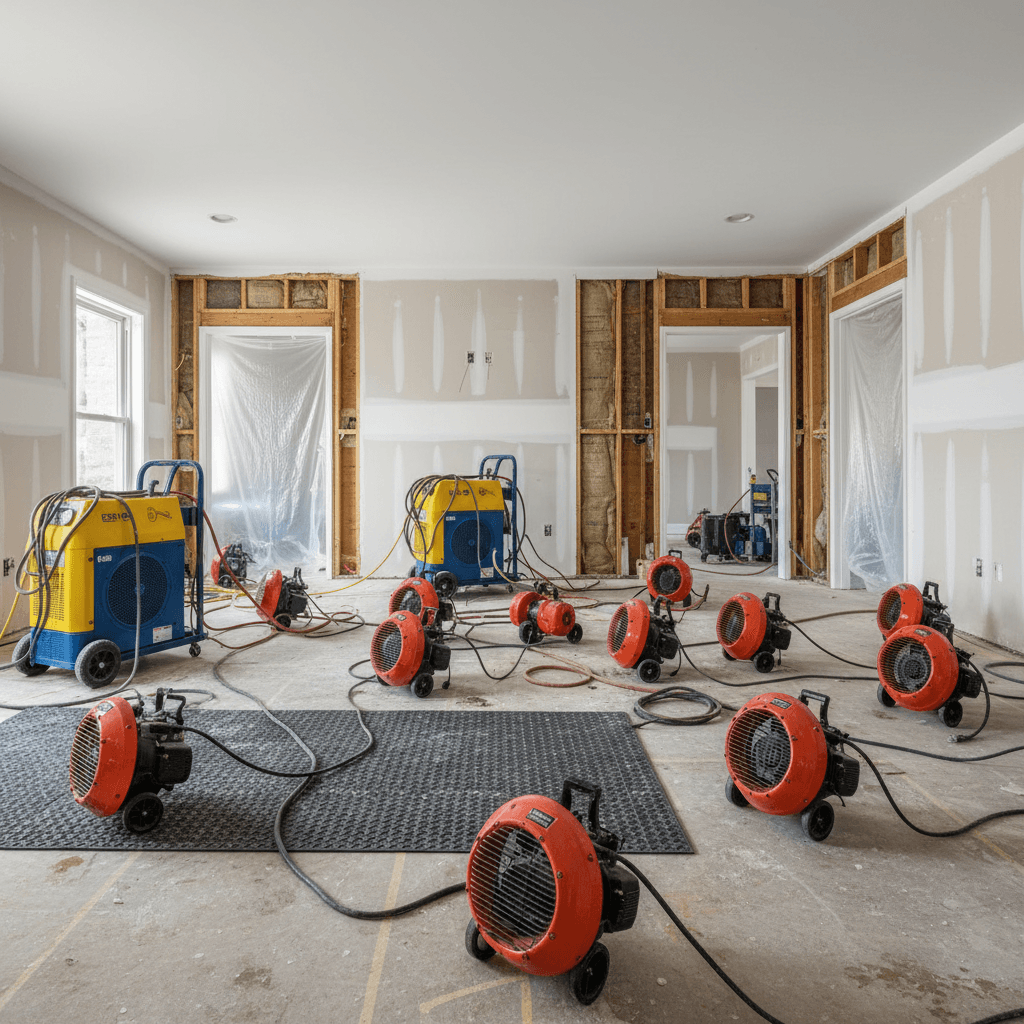 Structural drying equipment set up in a water-damaged home for moisture restoration.